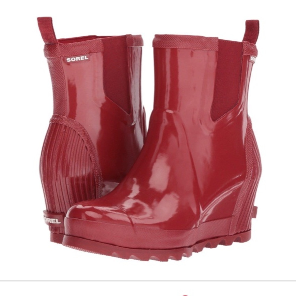 Red Sorel wedge rain boots